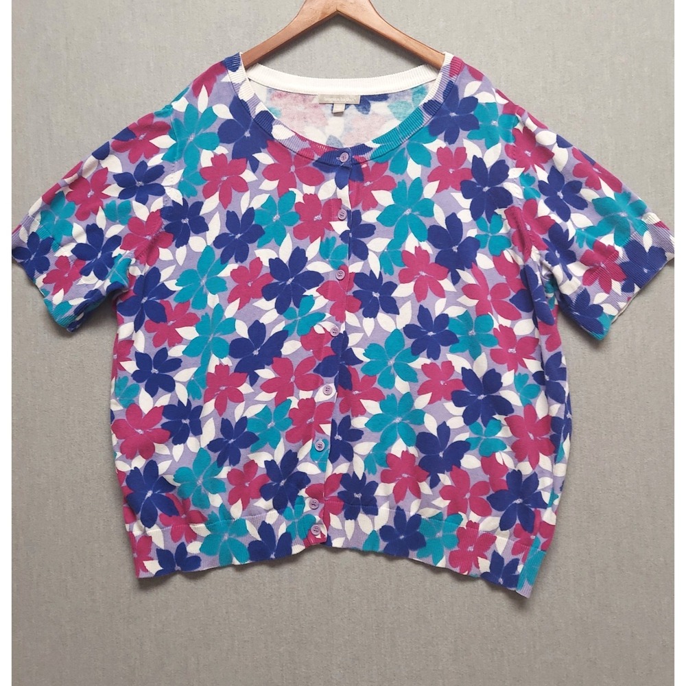 Woman Within Cardigan Womens 3X Floral Multicolor Retro Short Sleeve Button Knit